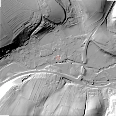 Shaded relief map of the ground around DE451QE, computed from Environment Agency LiDAR. The ground here sits at about 134 m above sea level and falls 65 m across the surrounding 800 m. Surface water reaching this point runs off ground lying to the west-north-west, 45.1 m higher.