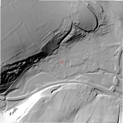 Shaded relief map of the ground around DE451QF, computed from Environment Agency LiDAR. The ground here sits at about 135 m above sea level and falls 63 m across the surrounding 800 m. Surface water reaching this point runs off ground lying to the west-north-west, 59.0 m higher.
