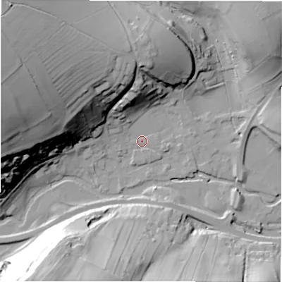 Shaded relief map of the ground around DE451QG, computed from Environment Agency LiDAR. The ground here sits at about 135 m above sea level and falls 56 m across the surrounding 800 m. Surface water reaching this point runs off ground lying to the west-north-west, 52.2 m higher.