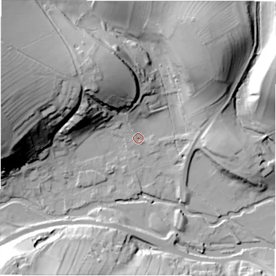 Shaded relief map of the ground around DE451QH, computed from Environment Agency LiDAR. The ground here sits at about 135 m above sea level and falls 44 m across the surrounding 800 m. Surface water reaching this point runs off ground lying to the north-west, 1.9 m higher.