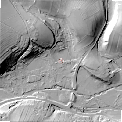 Shaded relief map of the ground around DE451QJ, computed from Environment Agency LiDAR. The ground here sits at about 134 m above sea level and falls 41 m across the surrounding 800 m. Surface water reaching this point runs off ground lying to the west-north-west, 34.7 m higher.