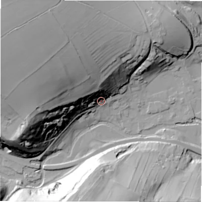 Shaded relief map of the ground around DE451QP, computed from Environment Agency LiDAR. The ground here sits at about 143 m above sea level and falls 70 m across the surrounding 800 m. Surface water reaching this point runs off ground lying to the west-north-west, 61.3 m higher.