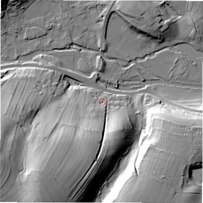 Shaded relief map of the ground around DE451QQ, computed from Environment Agency LiDAR. The ground here sits at about 140 m above sea level and falls 74 m across the surrounding 800 m. Surface water reaching this point runs off ground lying to the south-south-west, 59.2 m higher.
