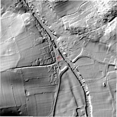 Shaded relief map of the ground around DE451RB, computed from Environment Agency LiDAR. The ground here sits at about 113 m above sea level and falls 33 m across the surrounding 800 m. Surface water reaching this point runs off ground lying to the west-south-west, 25.2 m higher.