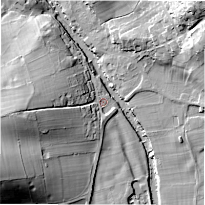 Shaded relief map of the ground around DE451RJ, computed from Environment Agency LiDAR. The ground here sits at about 113 m above sea level and falls 33 m across the surrounding 800 m. Surface water reaching this point runs off ground lying to the west, 23.0 m higher.