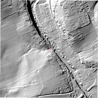 Shaded relief map of the ground around DE451RL, computed from Environment Agency LiDAR. The ground here sits at about 114 m above sea level and falls 31 m across the surrounding 800 m. Surface water reaching this point runs off ground lying to the south-west, 25.7 m higher.