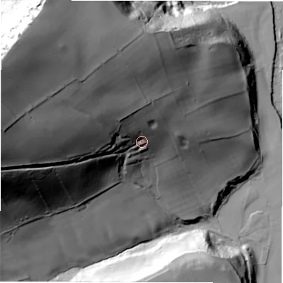 Shaded relief map of the ground around DE451RN, computed from Environment Agency LiDAR. The ground here sits at about 153 m above sea level and falls 110 m across the surrounding 800 m. Surface water reaching this point runs off ground lying to the north-west, 69.6 m higher.