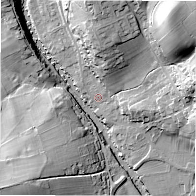 Shaded relief map of the ground around DE451RP, computed from Environment Agency LiDAR. The ground here sits at about 114 m above sea level and falls 36 m across the surrounding 800 m. Surface water reaching this point runs off ground lying to the north, 18.3 m higher.