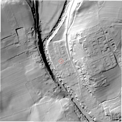 Shaded relief map of the ground around DE451RS, computed from Environment Agency LiDAR. The ground here sits at about 115 m above sea level and falls 37 m across the surrounding 800 m. Surface water reaching this point runs off ground lying to the north-north-east, 3.6 m higher.
