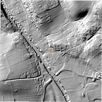 Shaded relief map of the ground around DE451RY, computed from Environment Agency LiDAR. The ground here sits at about 114 m above sea level and falls 40 m across the surrounding 800 m. Surface water reaching this point runs off ground lying to the east-north-east, 7.5 m higher.