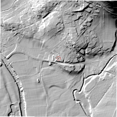Shaded relief map of the ground around DE451SP, computed from Environment Agency LiDAR. The ground here sits at about 122 m above sea level and falls 71 m across the surrounding 800 m. Surface water reaching this point runs off ground lying to the north-east, 5.9 m higher.