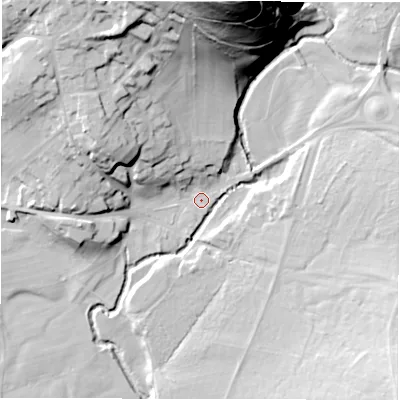 Shaded relief map of the ground around DE451SR, computed from Environment Agency LiDAR. The ground here sits at about 114 m above sea level and falls 68 m across the surrounding 800 m. Surface water reaching this point runs off ground lying to the north, 63.5 m higher.