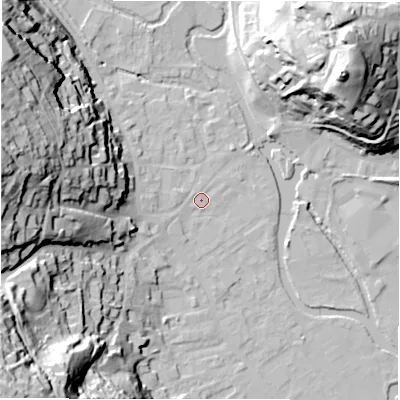 Shaded relief map of the ground around DE451YY, computed from Environment Agency LiDAR. The ground here sits at about 121 m above sea level and falls 57 m across the surrounding 800 m. Surface water reaching this point runs off ground lying to the west, 19.2 m higher.