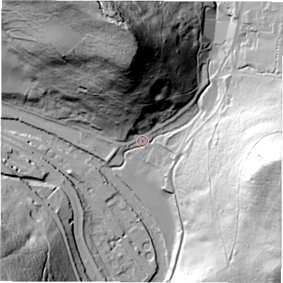 Shaded relief map of the ground around DE45AA, computed from Environment Agency LiDAR. The ground here sits at about 79 m above sea level and falls 102 m across the surrounding 800 m. Surface water reaching this point runs off ground lying to the east, 95.4 m higher.