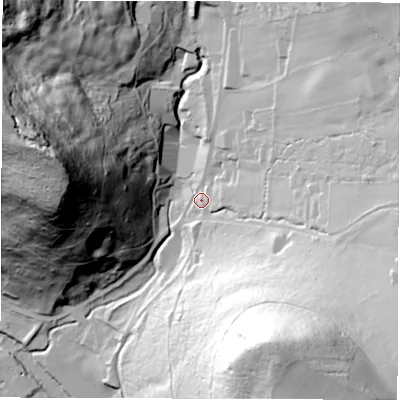 Shaded relief map of the ground around DE45AE, computed from Environment Agency LiDAR. The ground here sits at about 93 m above sea level and falls 101 m across the surrounding 800 m. Surface water reaching this point runs off ground lying to the south-south-east, 76.6 m higher.