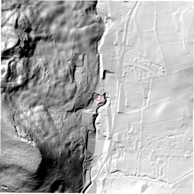 Shaded relief map of the ground around DE45AF, computed from Environment Agency LiDAR. The ground here sits at about 95 m above sea level and falls 93 m across the surrounding 800 m. Surface water reaching this point runs off ground lying to the west-north-west, 57.5 m higher.