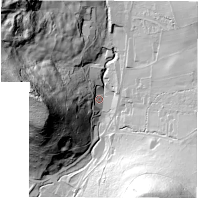 Shaded relief map of the ground around DE45AG, computed from Environment Agency LiDAR. The ground here sits at about 91 m above sea level and falls 102 m across the surrounding 800 m. Surface water reaching this point runs off ground lying to the west-north-west, 89.6 m higher.