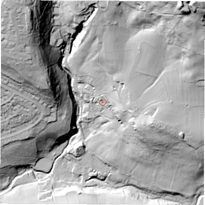 Shaded relief map of the ground around DE45EX, computed from Environment Agency LiDAR. The ground here sits at about 138 m above sea level and falls 128 m across the surrounding 800 m. Surface water reaching this point runs off ground lying to the north-east, 37.1 m higher.