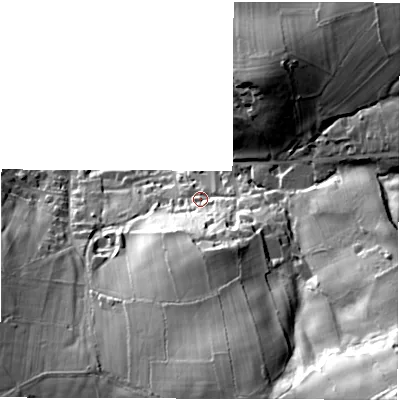 Shaded relief map of the ground around DE45FD, computed from Environment Agency LiDAR. The ground here sits at about 170 m above sea level and falls 67 m across the surrounding 800 m. Surface water reaching this point runs off ground lying to the south, 24.7 m higher.