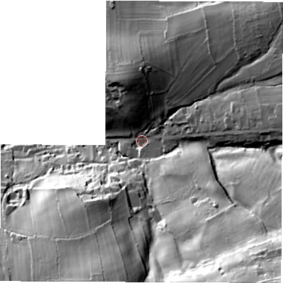 Shaded relief map of the ground around DE45FR, computed from Environment Agency LiDAR. The ground here sits at about 174 m above sea level and falls 66 m across the surrounding 800 m. Surface water reaching this point runs off ground lying to the north-east, 27.8 m higher.