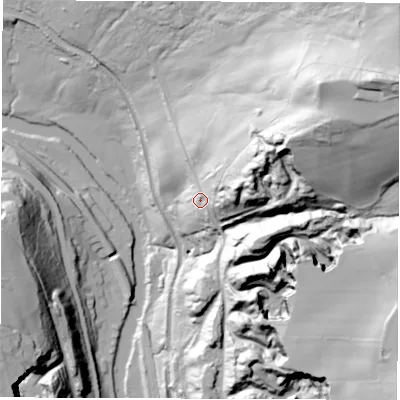 Shaded relief map of the ground around DE45HF, computed from Environment Agency LiDAR. The ground here sits at about 103 m above sea level and falls 115 m across the surrounding 800 m. Surface water reaching this point runs off ground lying to the east-north-east, 36.7 m higher.