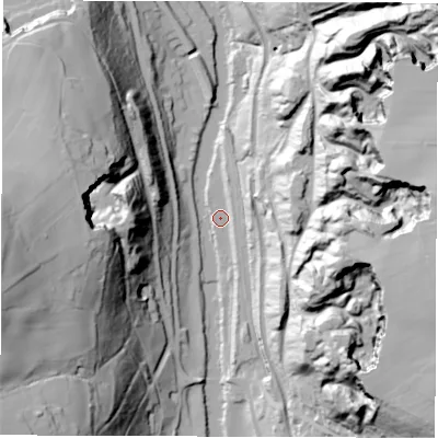 Shaded relief map of the ground around DE45HG, computed from Environment Agency LiDAR. The ground here sits at about 72 m above sea level and falls 80 m across the surrounding 800 m. Surface water reaching this point runs off ground lying to the east-north-east, 77.7 m higher.