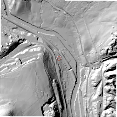 Shaded relief map of the ground around DE45HH, computed from Environment Agency LiDAR. The ground here sits at about 80 m above sea level and falls 104 m across the surrounding 800 m. Surface water reaching this point runs off ground lying to the west-north-west, 8.0 m higher.