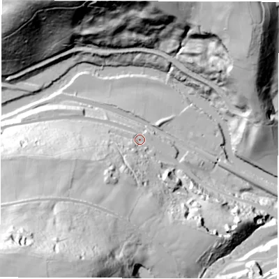 Shaded relief map of the ground around DE45HJ, computed from Environment Agency LiDAR. The ground here sits at about 85 m above sea level and falls 121 m across the surrounding 800 m. Surface water reaching this point runs off ground lying to the south-west, 107.5 m higher.