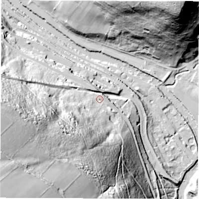 Shaded relief map of the ground around DE45HN, computed from Environment Agency LiDAR. The ground here sits at about 96 m above sea level and falls 119 m across the surrounding 800 m. Surface water reaching this point runs off ground lying to the west-south-west, 99.9 m higher.