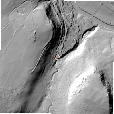 Shaded relief map of the ground around DE45HP, computed from Environment Agency LiDAR. The ground here sits at about 112 m above sea level and falls 104 m across the surrounding 800 m. Surface water reaching this point runs off ground lying to the south-east, 60.2 m higher.