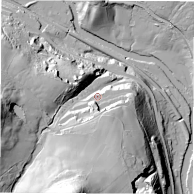 Shaded relief map of the ground around DE45HT, computed from Environment Agency LiDAR. The ground here sits at about 105 m above sea level and falls 100 m across the surrounding 800 m. Surface water reaching this point runs off ground lying to the south-south-east, 28.8 m higher.