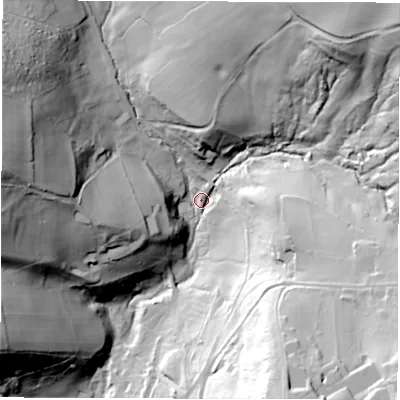 Shaded relief map of the ground around DE45JQ, computed from Environment Agency LiDAR. The ground here sits at about 129 m above sea level and falls 74 m across the surrounding 800 m. Surface water reaching this point runs off ground lying to the west-north-west, 61.9 m higher.