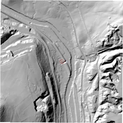 Shaded relief map of the ground around DE45NP, computed from Environment Agency LiDAR. The ground here sits at about 74 m above sea level and falls 99 m across the surrounding 800 m. Surface water reaching this point runs off ground lying to the north-west, 12.6 m higher.