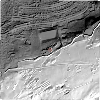 Shaded relief map of the ground around DE45NR, computed from Environment Agency LiDAR. The ground here sits at about 100 m above sea level and falls 121 m across the surrounding 800 m. Surface water reaching this point runs off ground lying to the north, 28.4 m higher.