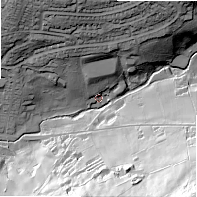 Shaded relief map of the ground around DE45NS, computed from Environment Agency LiDAR. The ground here sits at about 101 m above sea level and falls 122 m across the surrounding 800 m. Surface water reaching this point runs off ground lying to the north-north-east, 27.5 m higher.