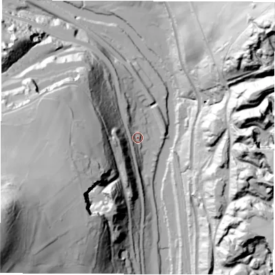 Shaded relief map of the ground around DE45NT, computed from Environment Agency LiDAR. The ground here sits at about 76 m above sea level and falls 107 m across the surrounding 800 m. Surface water reaching this point runs off ground lying to the west-south-west, 47.1 m higher.