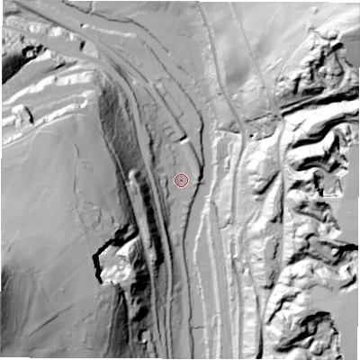 Shaded relief map of the ground around DE45NU, computed from Environment Agency LiDAR. The ground here sits at about 72 m above sea level and falls 97 m across the surrounding 800 m. Surface water reaching this point runs off ground lying to the north-north-west, 12.8 m higher.