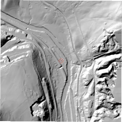 Shaded relief map of the ground around DE45PG, computed from Environment Agency LiDAR. The ground here sits at about 73 m above sea level and falls 98 m across the surrounding 800 m. Surface water reaching this point runs off ground lying to the south-west, 4.0 m higher.