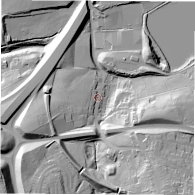 Shaded relief map of the ground around DE53RA, computed from Environment Agency LiDAR. The ground here sits at about 99 m above sea level and falls 53 m across the surrounding 800 m. Surface water reaching this point runs off ground lying to the south-east, 41.5 m higher.