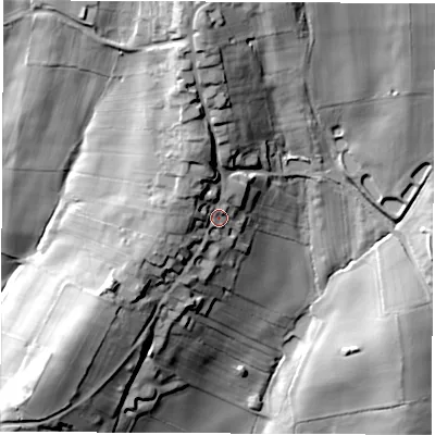 Shaded relief map of the ground around DE53RE, computed from Environment Agency LiDAR. The ground here sits at about 128 m above sea level and falls 49 m across the surrounding 800 m. Surface water reaching this point runs off ground lying to the north-west, 12.9 m higher.
