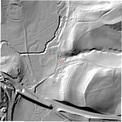 Shaded relief map of the ground around DE53RH, computed from Environment Agency LiDAR. The ground here sits at about 78 m above sea level and falls 46 m across the surrounding 800 m. Surface water reaching this point runs off ground lying to the north-east, 38.5 m higher.
