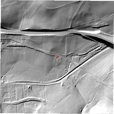 Shaded relief map of the ground around DE53RP, computed from Environment Agency LiDAR. The ground here sits at about 86 m above sea level and falls 39 m across the surrounding 800 m. Surface water reaching this point runs off ground lying to the north-north-west, 5.3 m higher.