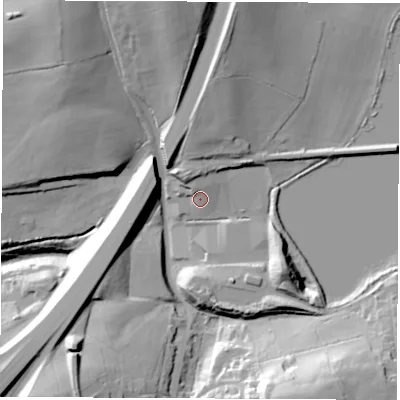 Shaded relief map of the ground around DE53SW, computed from Environment Agency LiDAR. The ground here sits at about 100 m above sea level and falls 44 m across the surrounding 800 m. Surface water reaching this point runs off ground lying to the north, 31.8 m higher.