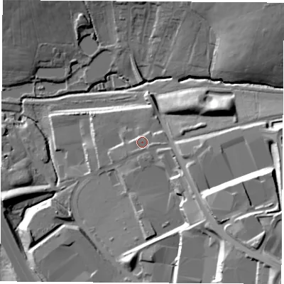 Shaded relief map of the ground around DE552FH, computed from Environment Agency LiDAR. The ground here sits at about 119 m above sea level and falls 42 m across the surrounding 800 m. Surface water reaching this point runs off ground lying to the south-south-east, 2.4 m higher.