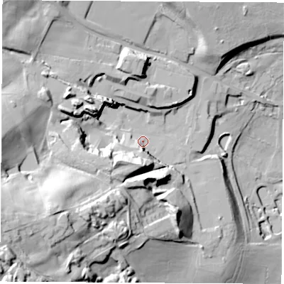 Shaded relief map of the ground around DE554NX, computed from Environment Agency LiDAR. The ground here sits at about 93 m above sea level and falls 56 m across the surrounding 800 m. Surface water reaching this point runs off ground lying to the west-south-west, 37.3 m higher.