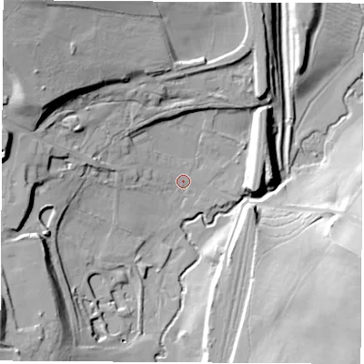 Shaded relief map of the ground around DE554NY, computed from Environment Agency LiDAR. The ground here sits at about 79 m above sea level and falls 36 m across the surrounding 800 m. Surface water reaching this point runs off ground lying to the north-west, 2.9 m higher.