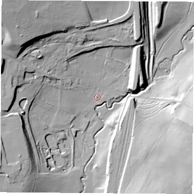 Shaded relief map of the ground around DE554NZ, computed from Environment Agency LiDAR. The ground here sits at about 78 m above sea level and falls 35 m across the surrounding 800 m. Surface water reaching this point runs off ground lying to the north-west, 30.9 m higher.
