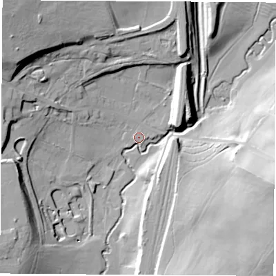 Shaded relief map of the ground around DE554PE, computed from Environment Agency LiDAR. The ground here sits at about 78 m above sea level and falls 40 m across the surrounding 800 m. Surface water reaching this point runs off ground lying to the east-south-east, 37.7 m higher.