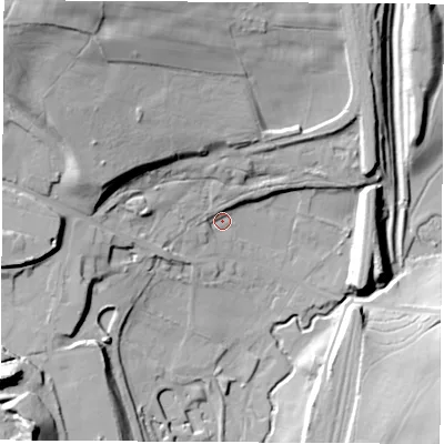 Shaded relief map of the ground around DE554PF, computed from Environment Agency LiDAR. The ground here sits at about 82 m above sea level and falls 44 m across the surrounding 800 m. Surface water reaching this point runs off ground lying to the north-west, 36.2 m higher.