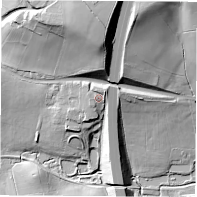 Shaded relief map of the ground around DE555HR, computed from Environment Agency LiDAR. The ground here sits at about 129 m above sea level and falls 52 m across the surrounding 800 m. Surface water reaching this point runs off ground lying to the west-north-west, 2.0 m higher.
